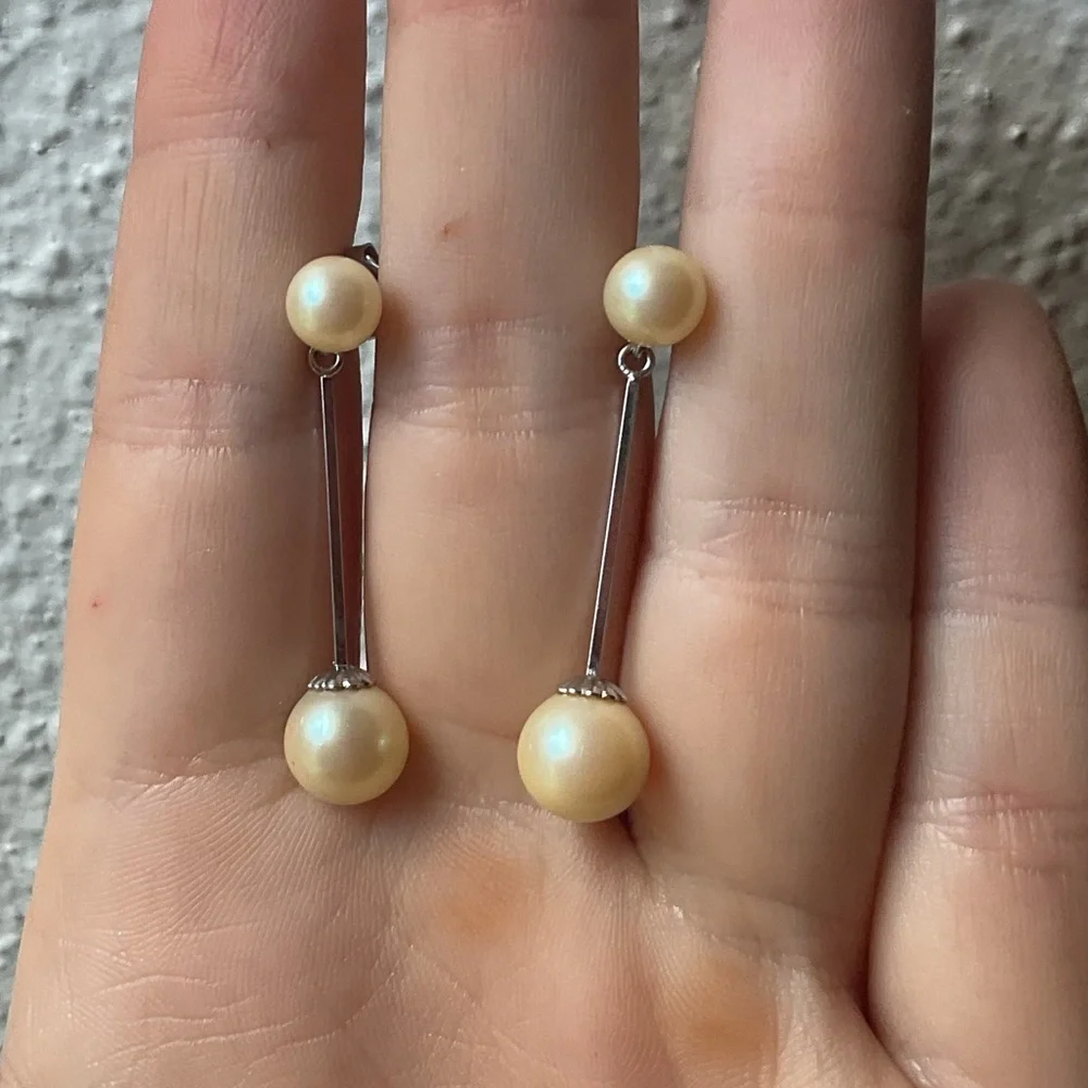 14k White Gold Backs Faux Pearl Dangle Drop Earrings